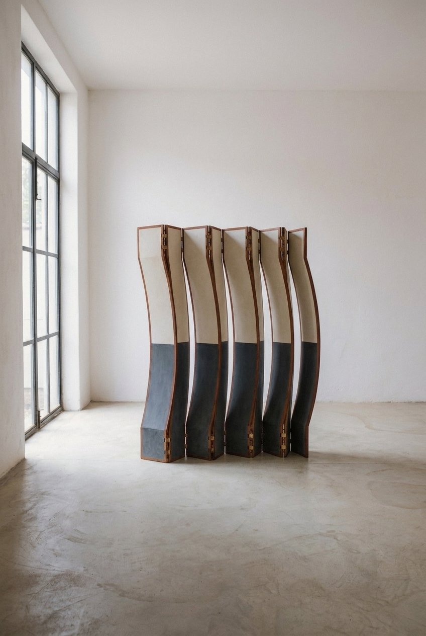 A escultura móvel Fêmea em zigue-zague sobre piso de cimento claro ao lado de janela alta.