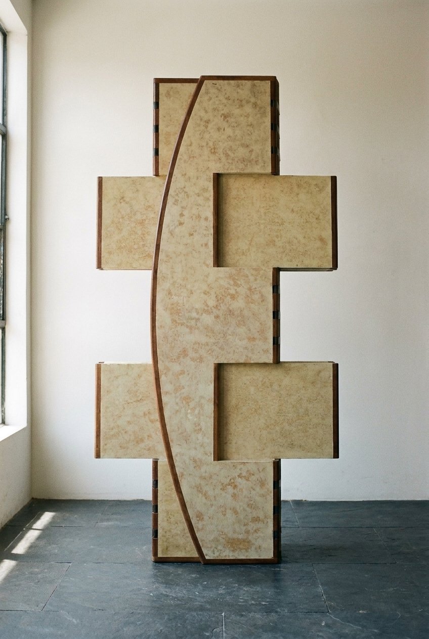 A escultura móvel Macho compactada em forma de totem vertical, ao lado de uma janela com luz natural.