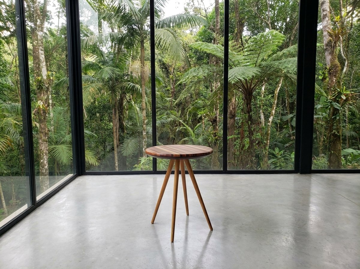 Mesa Donzela de quatro pés sobre piso de concreto polido, diante de grandes panos de vidro voltados para a mata.