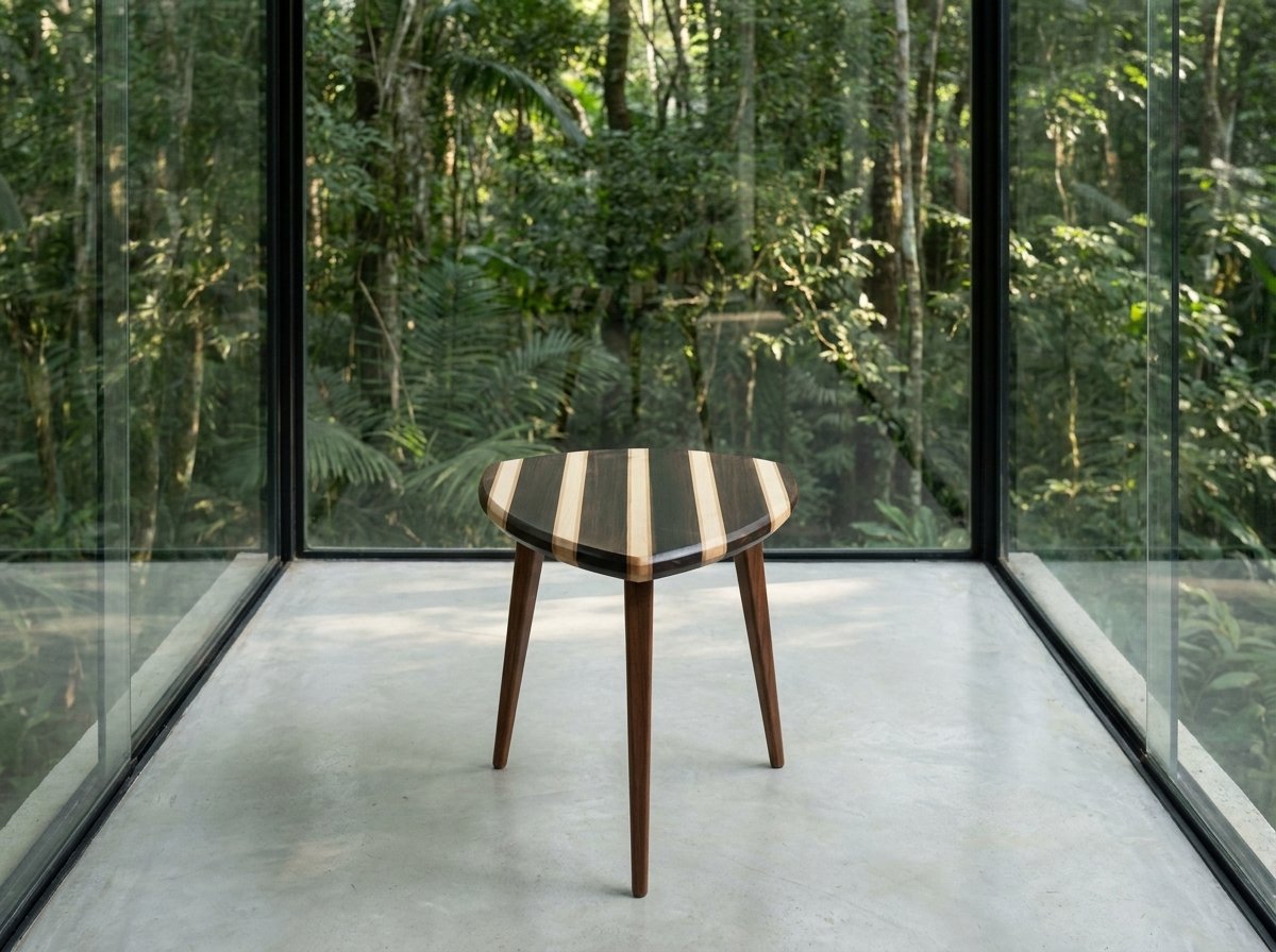 Mesa Escudo em canela preta e maple, sobre piso de concreto em um pavilhão envidraçado diante da floresta.