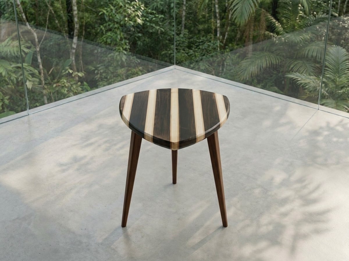 Mesa Escudo em canela preta e maple vista de cima sobre piso de concreto diante de painéis de vidro.