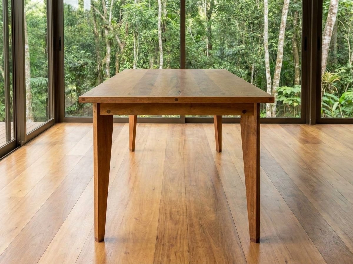 Mesa jantar em tamarindo vista pela cabeceira sobre piso de tábuas de madeira voltada para as janelas.