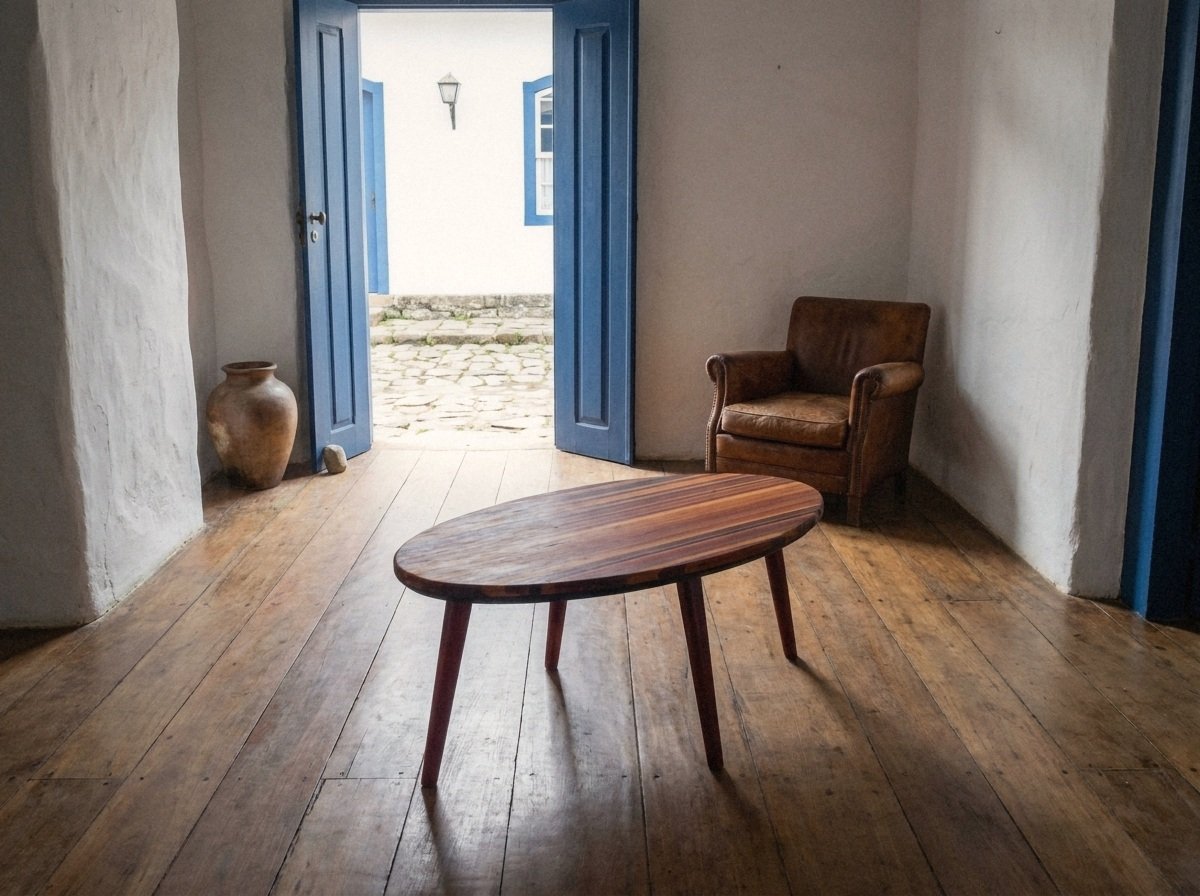 Mesa Ovo em madeira de recuperação no centro de sala ampla com piso de tábuas e porta azul aberta.