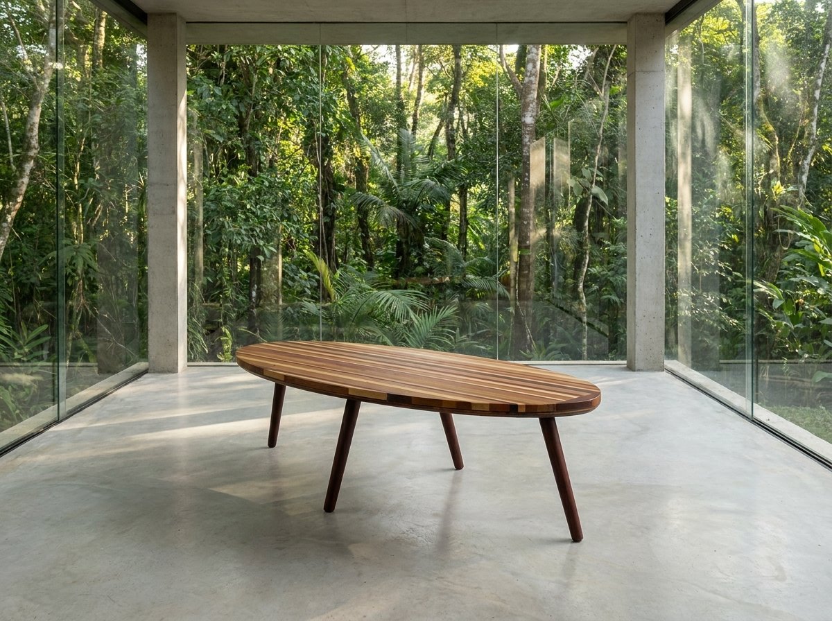 Mesa Prancha em madeira de demolição vista de corpo inteiro no centro de um espaço envidraçado.