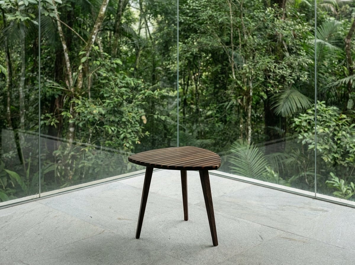 Mesa Pupunha em pupunha e pinho de riga diante de paredes de vidro com vista para a vegetação.