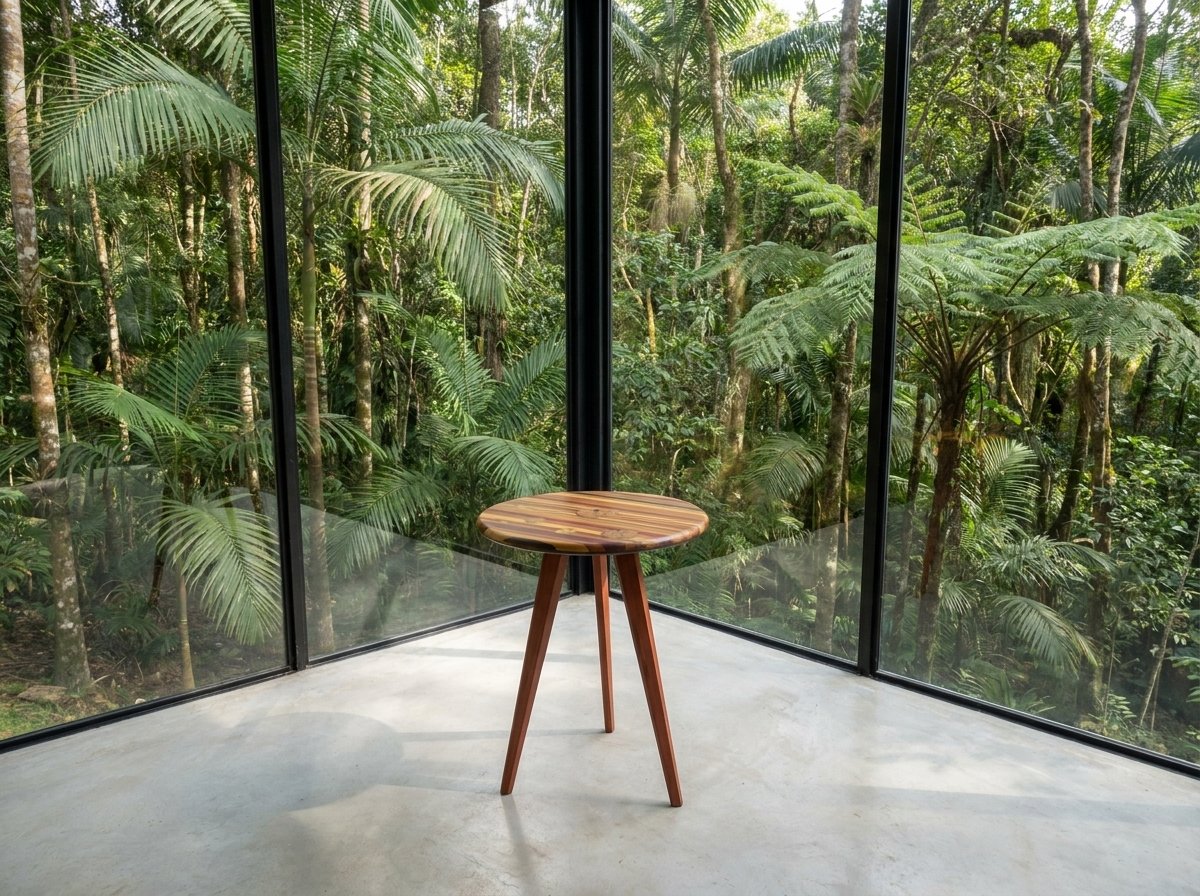 Mesa Tripé em madeira de recuperação em um pavilhão com paredes de vidro diante da floresta.