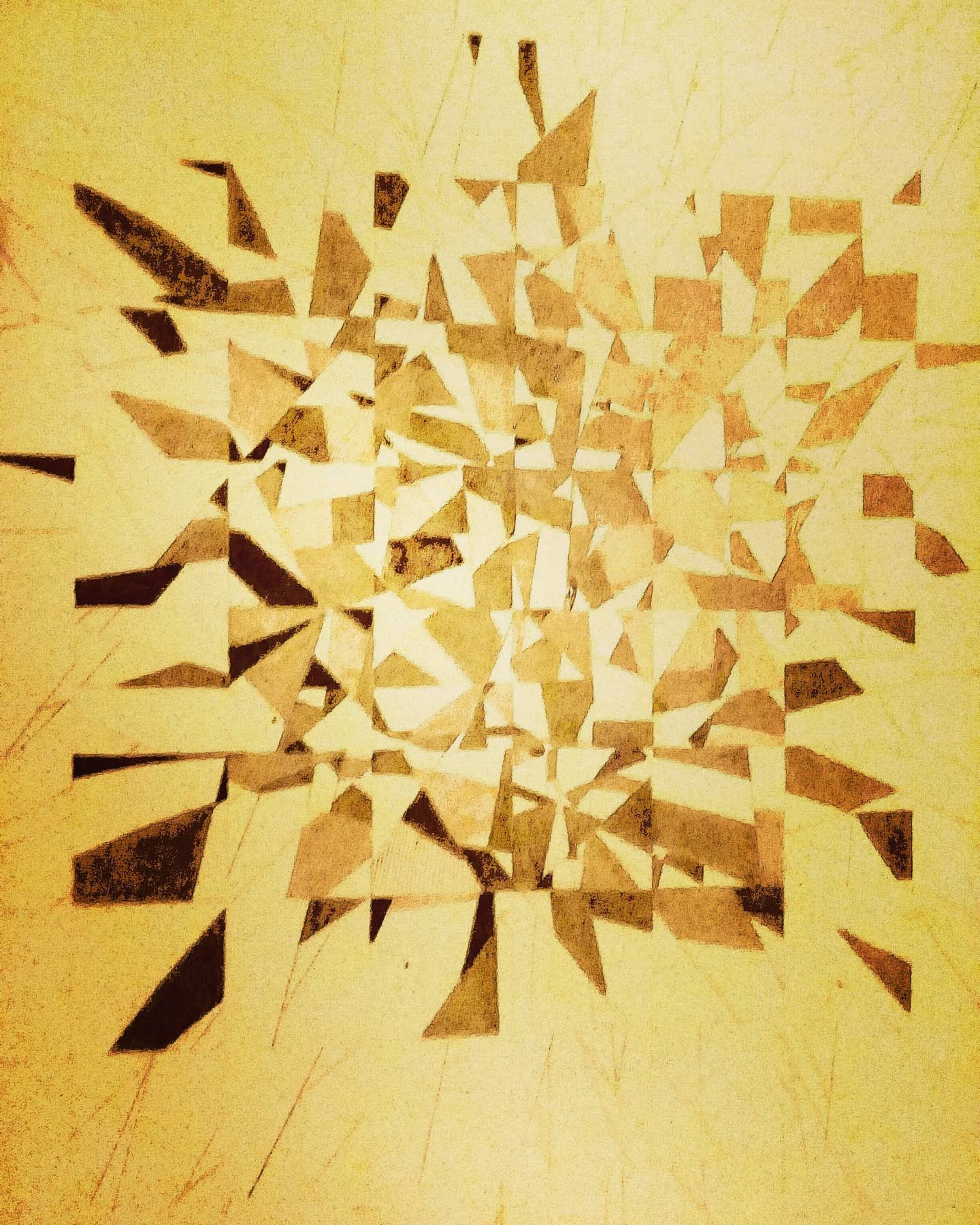 Num. 5, pintura em acrílico sobre tela formada por fragmentos angulares em tons ocre e marrom.