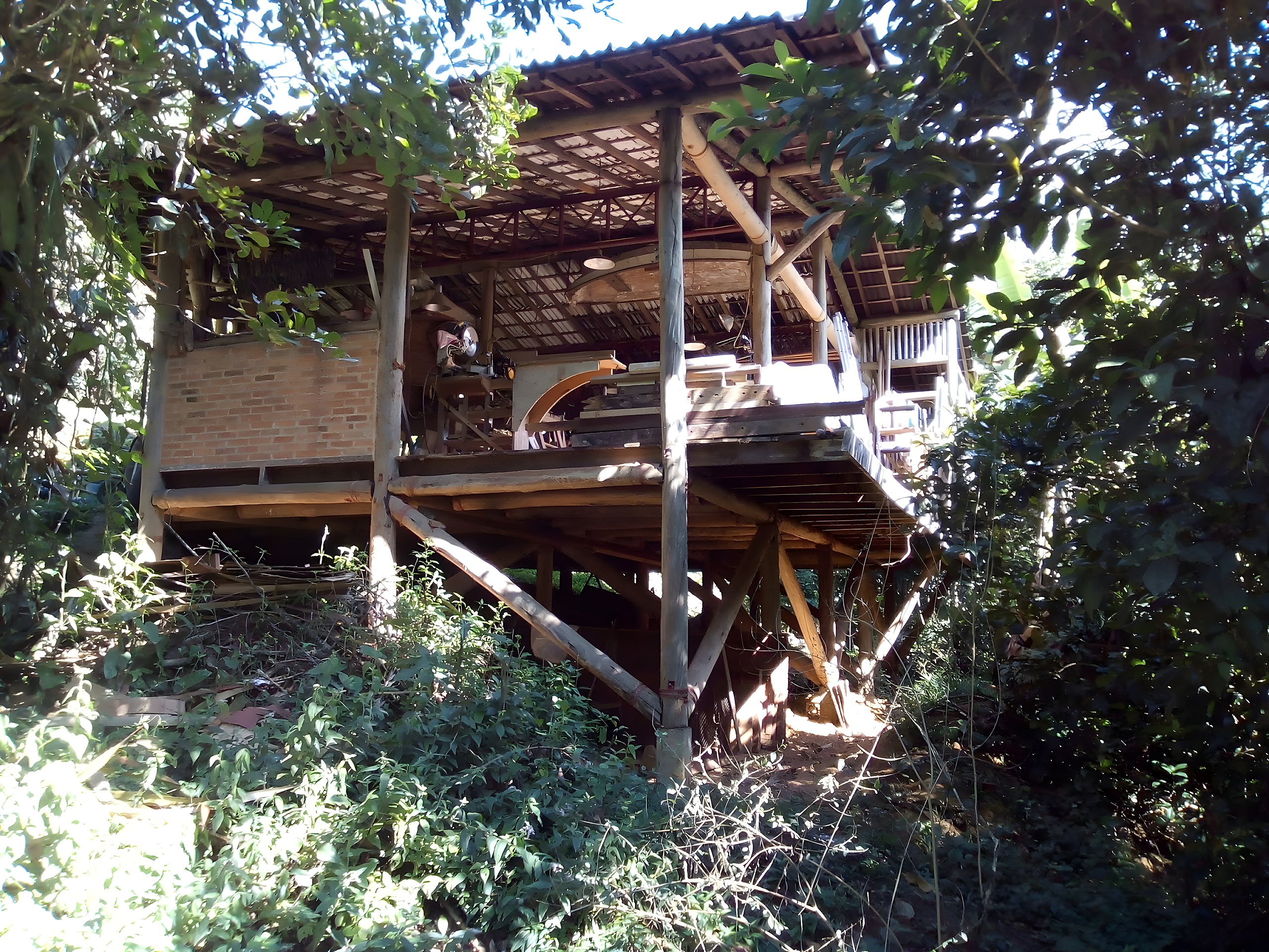 Oficina de madeira sobre pilotis cercada por vegetação na montanha sob luz natural.
