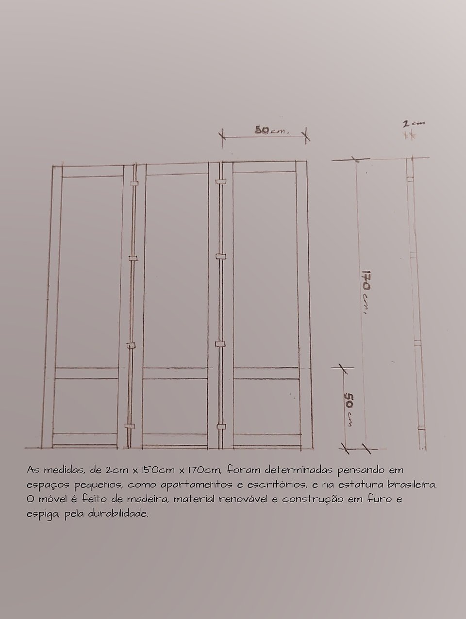 Desenho técnico do móvel Versá em freijó e ipê com três módulos verticais articulados e cotas de medidas.