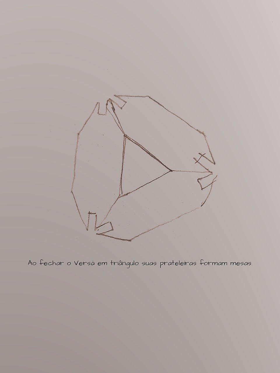 Desenho em vista superior de três prateleiras do móvel Versá unidas em formato triangular.